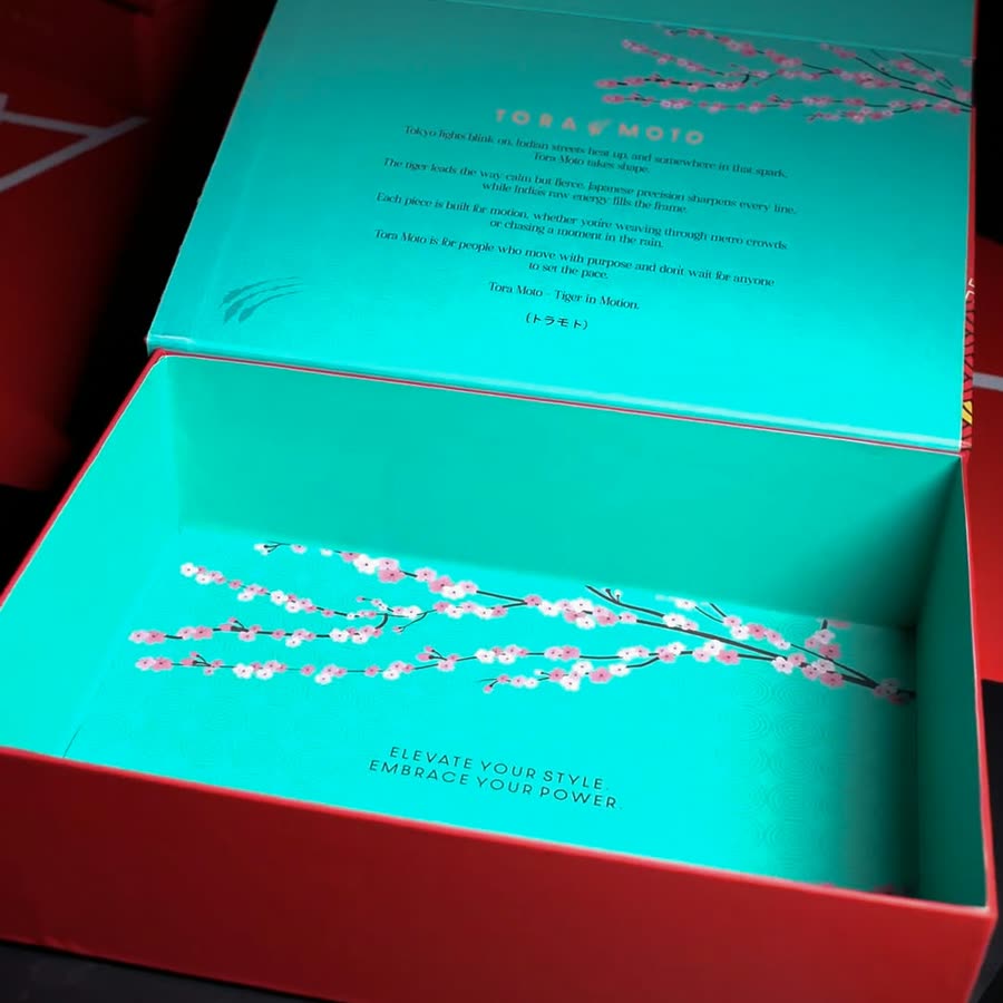 Teal interior lined with cherry blossoms