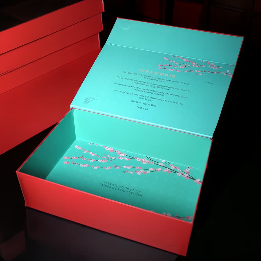 Box open, showing the magnetic lid and the brand story